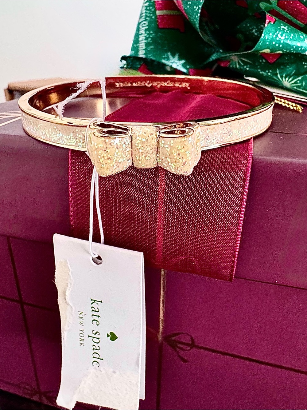 NWT Kate Spade Moon River Opal Glitter Bow Bangle Bracelet Gold